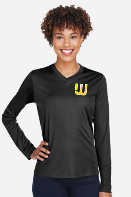 WNWO BLACK V-NECK LADIES PERFORMANCE LONG-SLEEVE