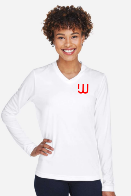 WNWO WHITE V-NECK LADIES PERFORMANCE LONG-SLEEVE SHIRTS